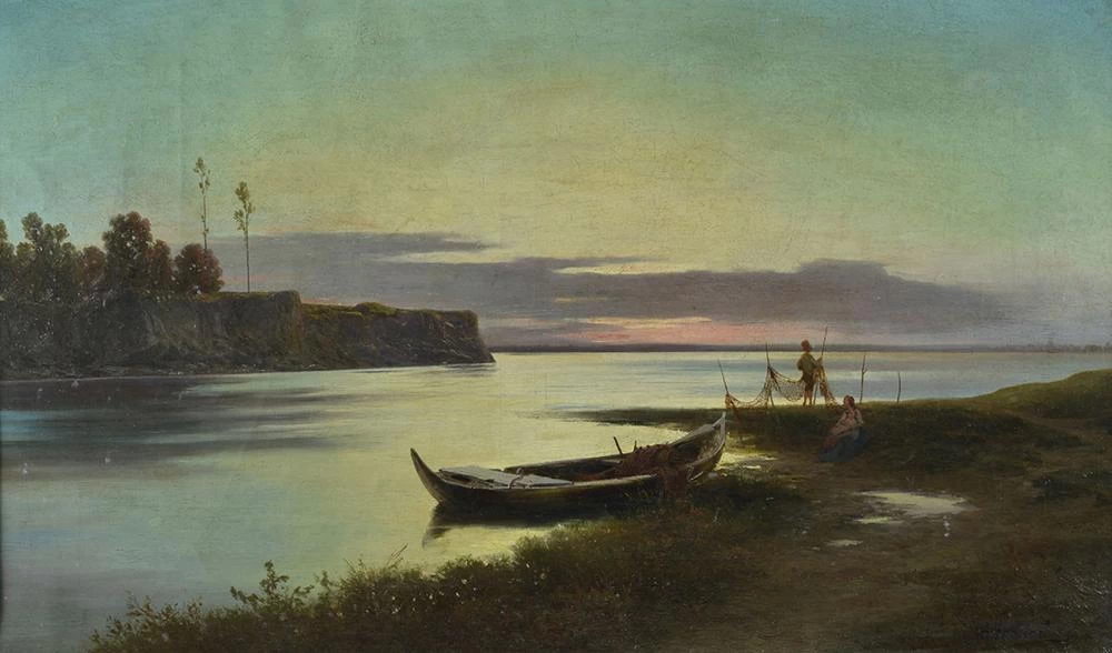 Lago al tramonto con pescatori